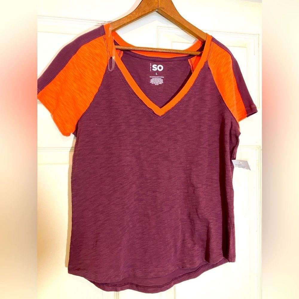NWT, burgundy and orange, SO T-shirt, V-neck, women’s size large